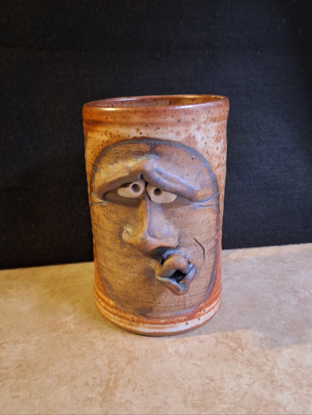 Signed Vintage Goofy Face Mug Handmade Pottery Stoneware Brown Glaze Ceramic
